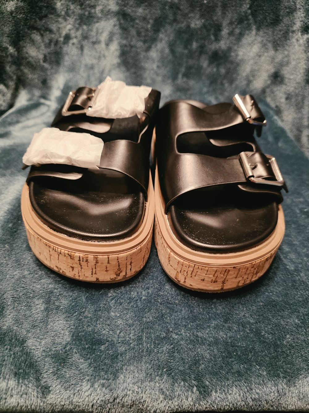 Black Leather-Look Platform Buckle Sandals with Cork-Style Sole
